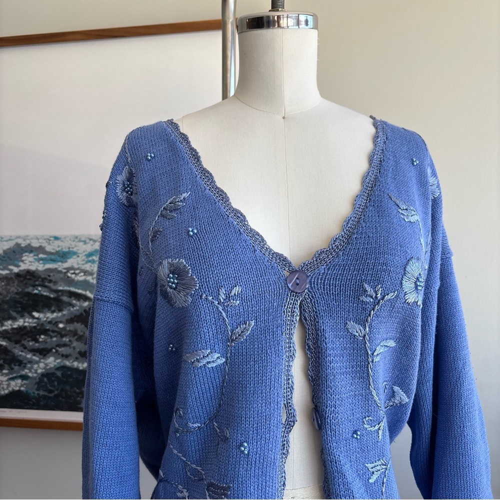 Extra Touch Women's Cardigan in Blue with Floral Embroidery
